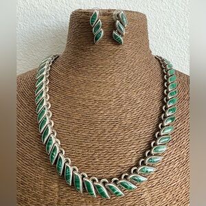 Mexican Malachite Gemstone and Silver Necklace and Earrings Jewelry